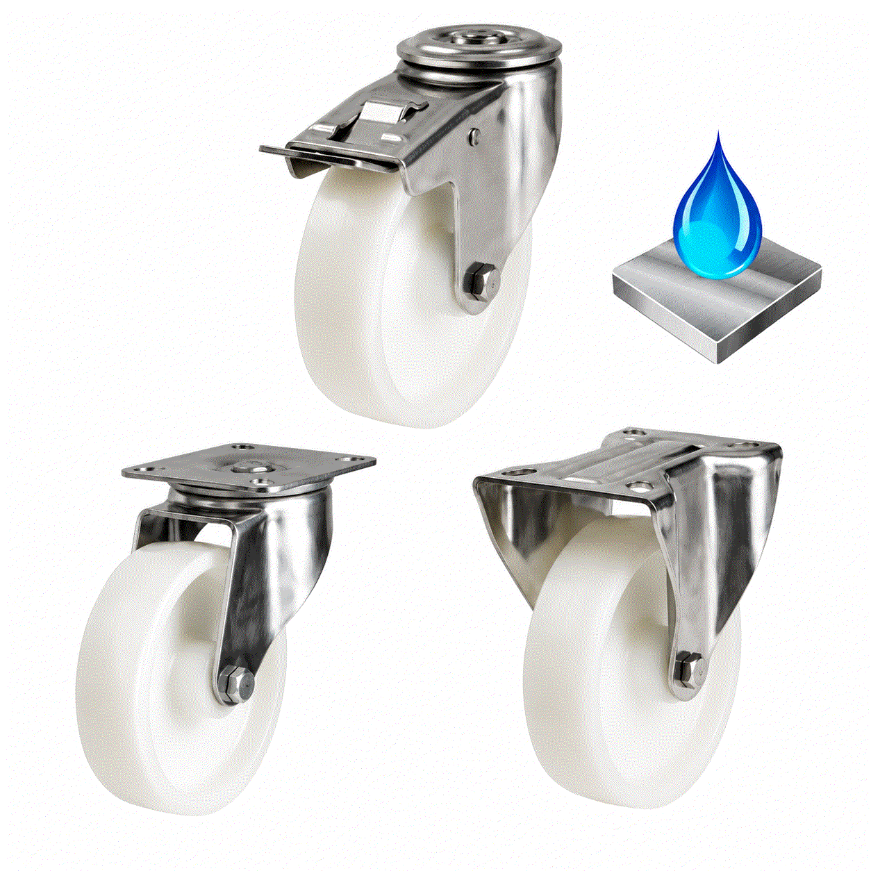 Stainless steel castors with non-marking grey rubber wheels for heavy load, corrosion-resistant and hygienic applications