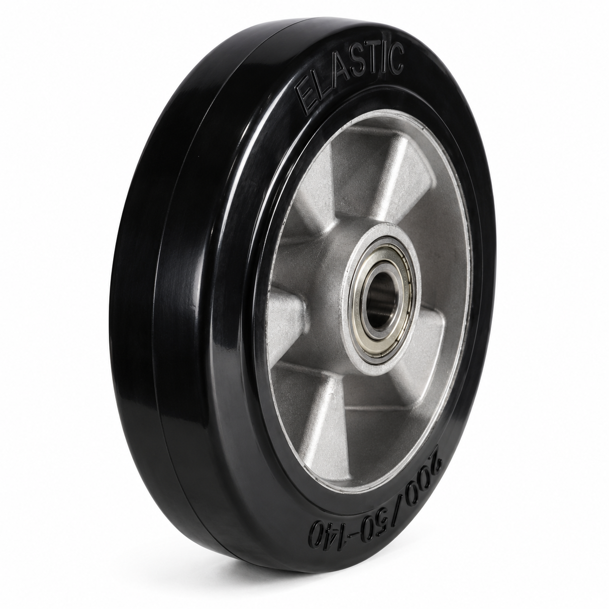 Black elastic rubber tyre on lightweight aluminium wheel for heavy-duty industrial use with high load capacity and smooth operation