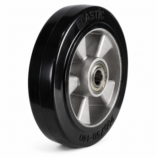 Black elastic rubber tyre on lightweight aluminium wheel for heavy-duty industrial use with high load capacity and smooth operation