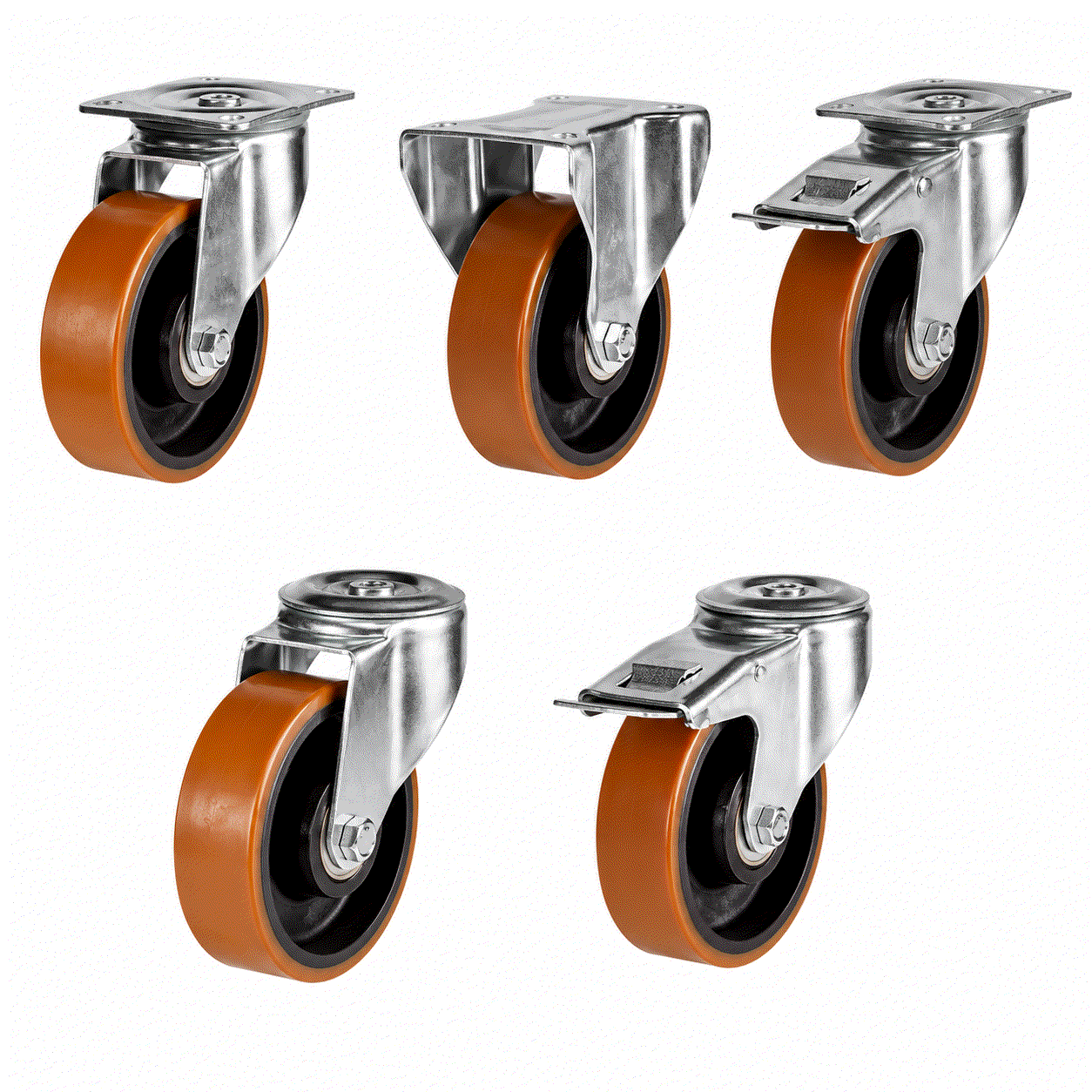 Medium duty castors with 125-200mm polyurethane caster wheels and cast iron centers, supporting 220-350kg loads for industrial use