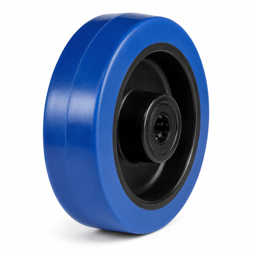 Blue Elastic Non-Marking Rubber Wheels in various sizes for heavy load and floor protection