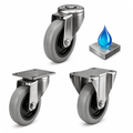 Stainless steel castor with grey non-marking rubber wheel for hygienic, corrosion-resistant, and quiet operation in industrial and medical settings