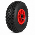 Pneumatic rubber on plastic wheel with air-filled tyre designed for smooth rolling and shock absorption on uneven surfaces.