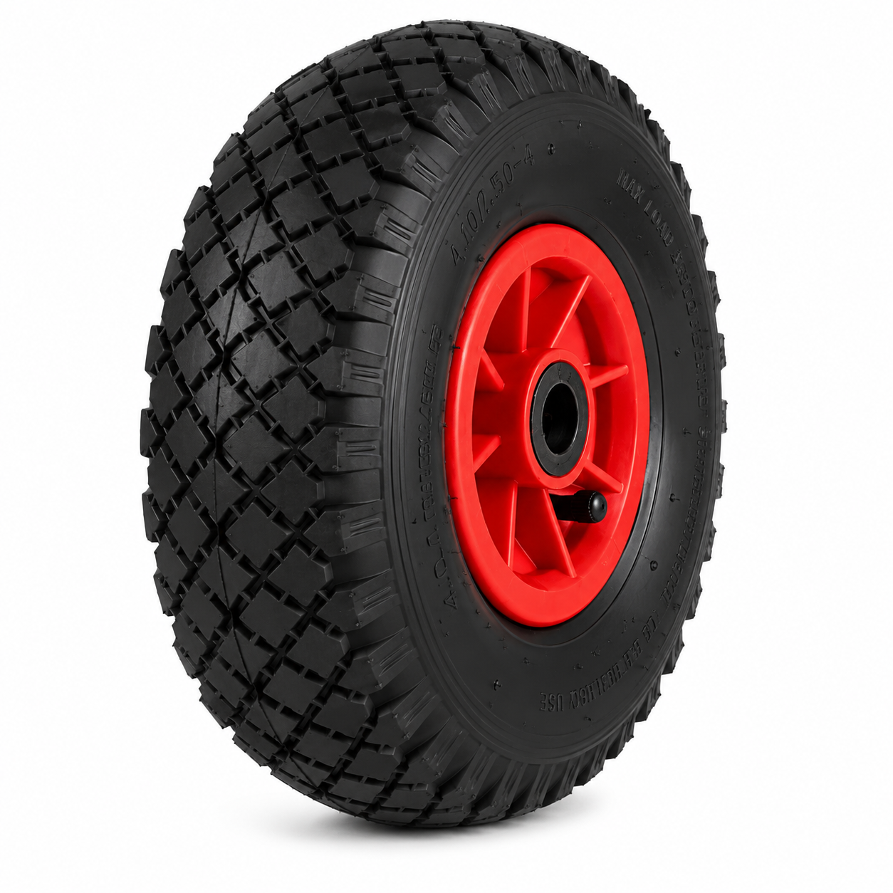 Pneumatic rubber on plastic wheel with air-filled tyre designed for smooth rolling and shock absorption on uneven surfaces.