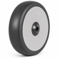 Grey non-marking rubber on plastic wheel with smooth, quiet operation and floor protection, available in 100-200mm diameters with 70-200kg load capacity.