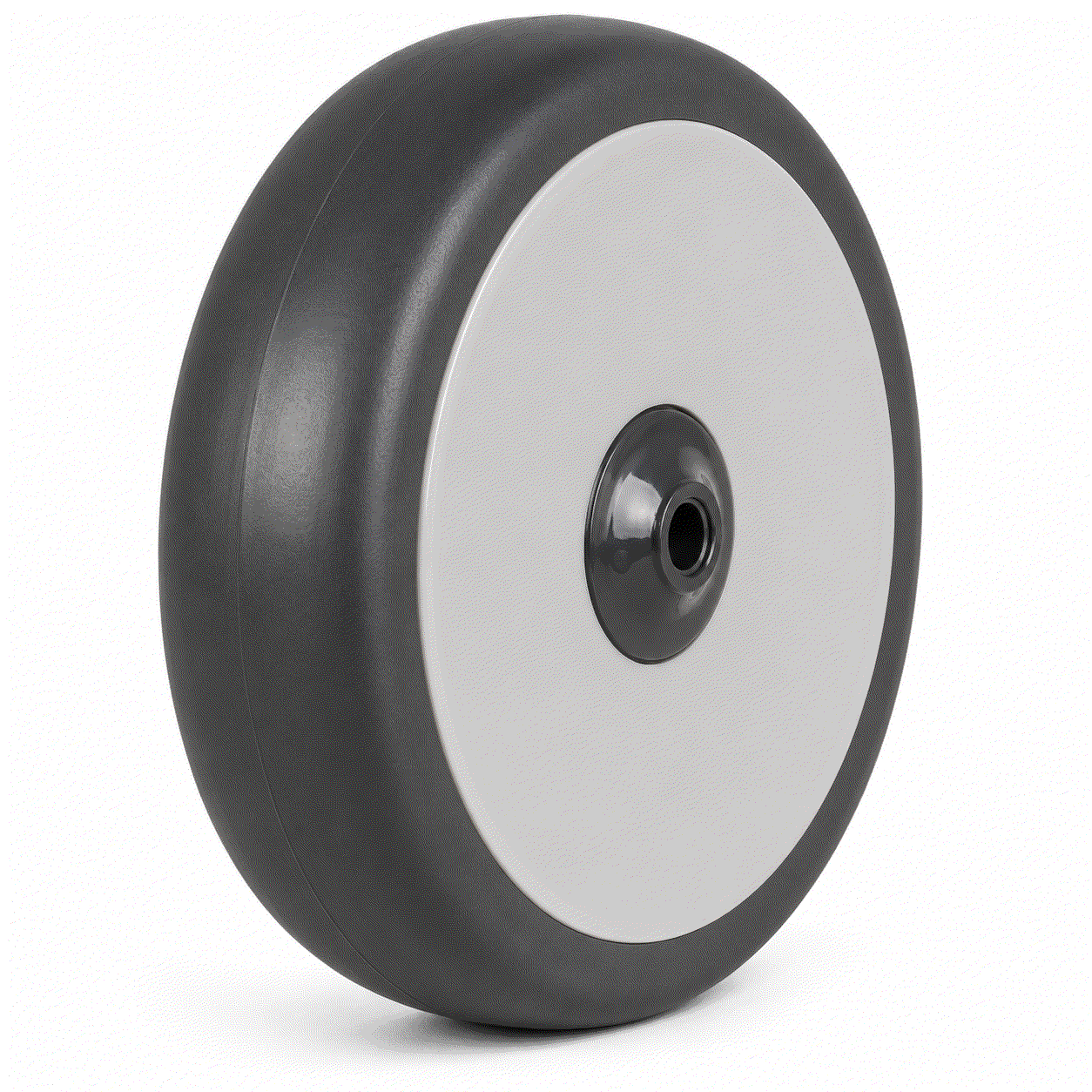 Grey non-marking rubber on plastic wheel with smooth, quiet operation and floor protection, available in 100-200mm diameters with 70-200kg load capacity.