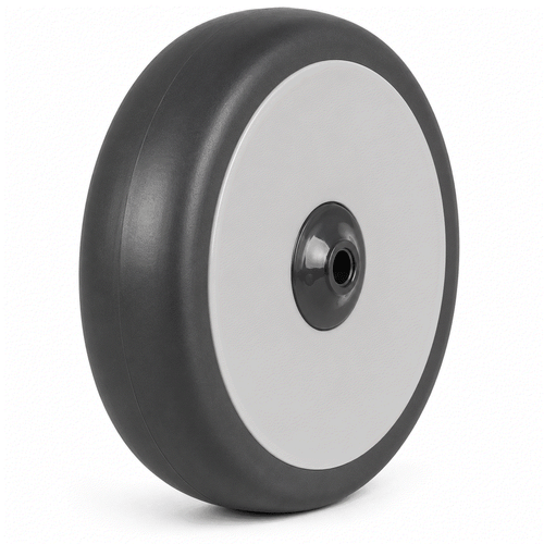 Grey non-marking rubber on plastic wheel with smooth, quiet operation and floor protection, available in 100-200mm diameters with 70-200kg load capacity.