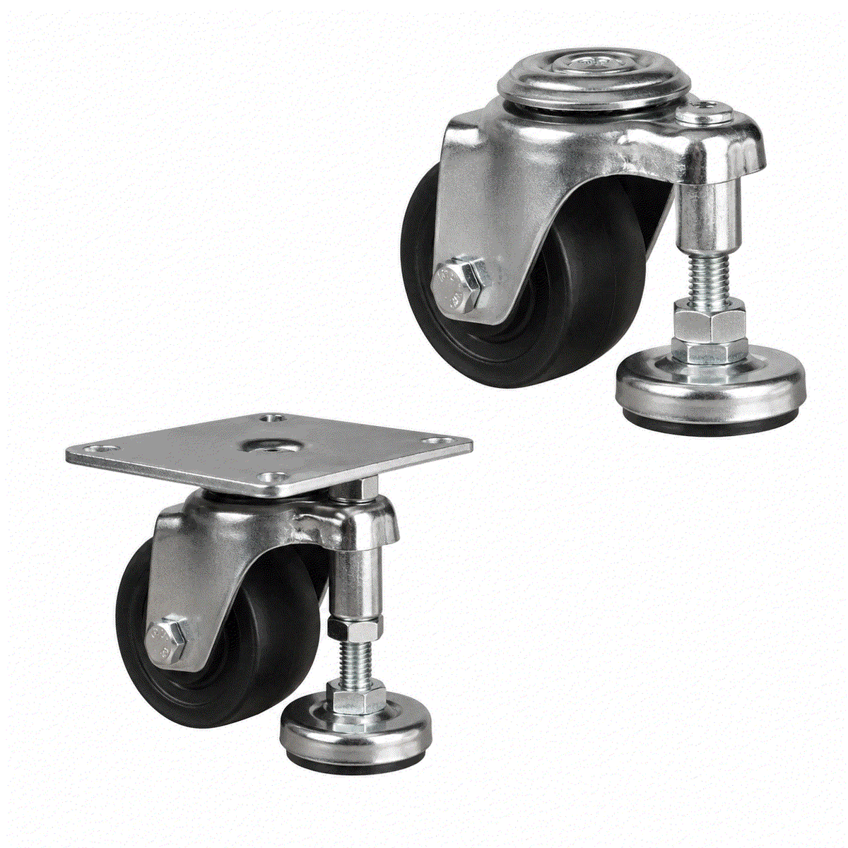 Levelling castors with nylon wheels 65-75mm for 150-200kg load, featuring adjustable levelling foot and durable design for industrial use